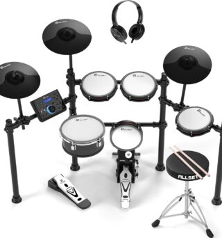 ALLSET 700 Professional Electric Drum Sets with Mude Mesh Drum Pads, 10" Dual Zone Snare, 30 Kits & 600+ BFD Sounds, 2 Pedals, Throne & Headphones, Drumsticks | Melodics Lessons (white)